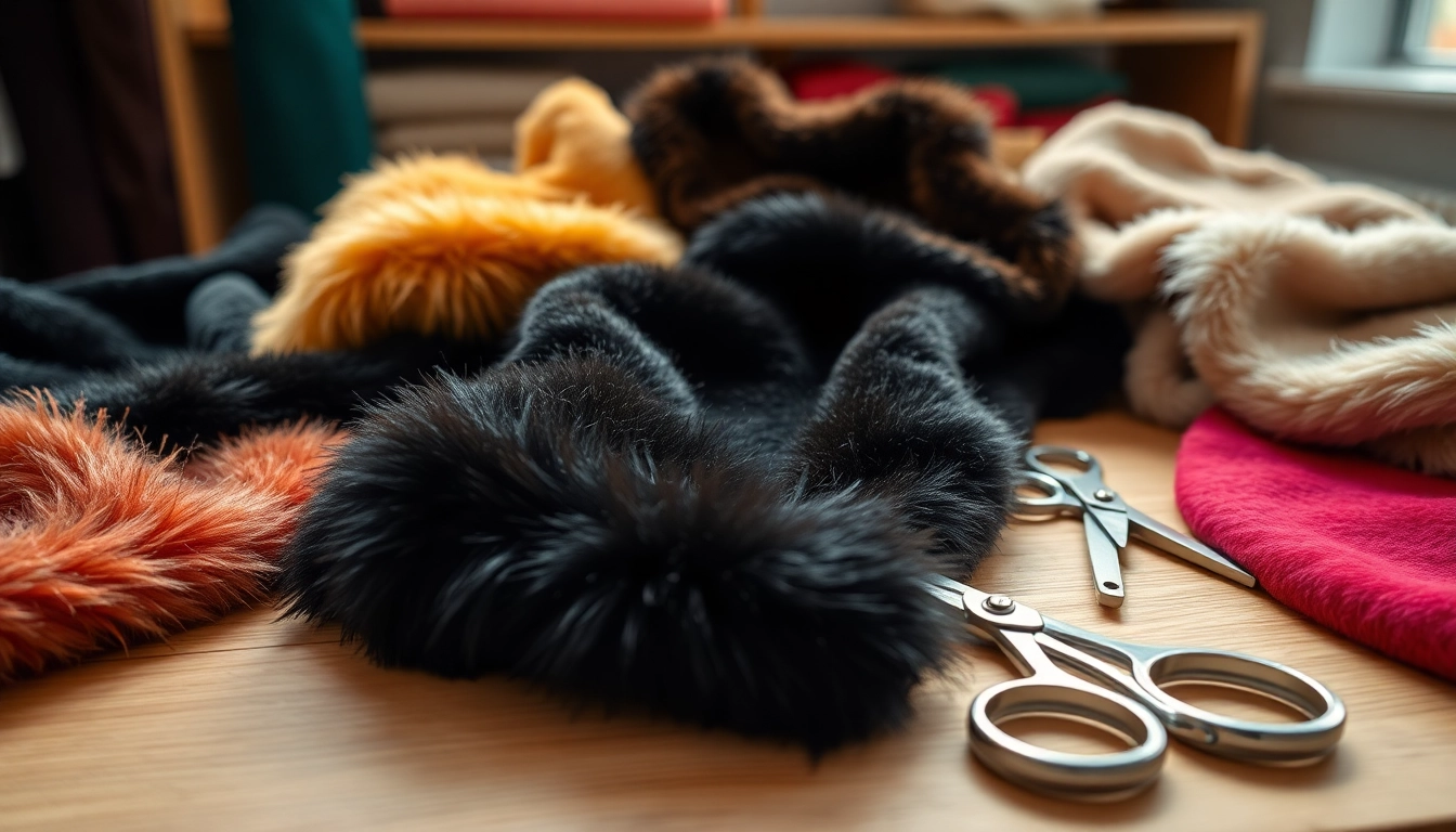 Bekijk nepbont stoffen in verschillende kleuren en texturen op een stijlvolle werktafel.