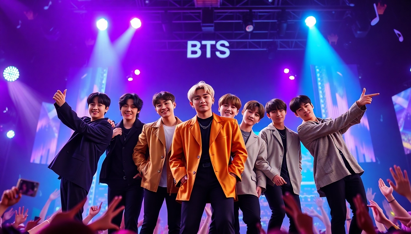 Engaging visual representation of BTS news featuring the seven members in a vibrant concert setting.