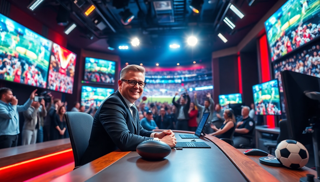 Captivating sports broadcasting studio with a professional announcer reporting live.