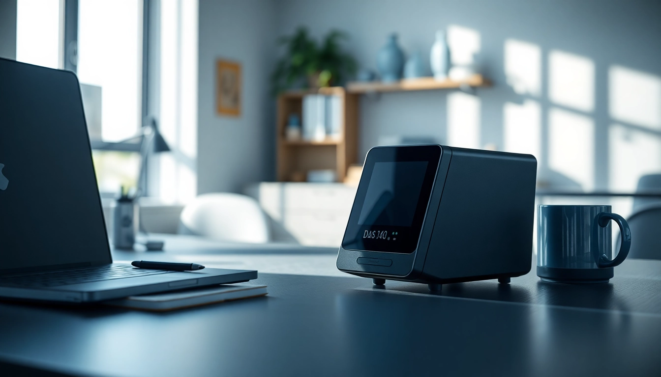 Demonstrating the das 140 device in an organized workspace, highlighting its professional design and features.