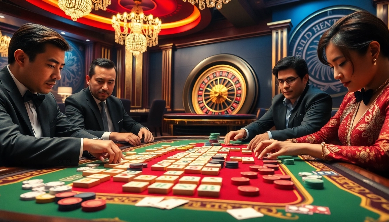 Players strategizing in a luxurious casino, engaging with link mahjong tiles on elegant tables.