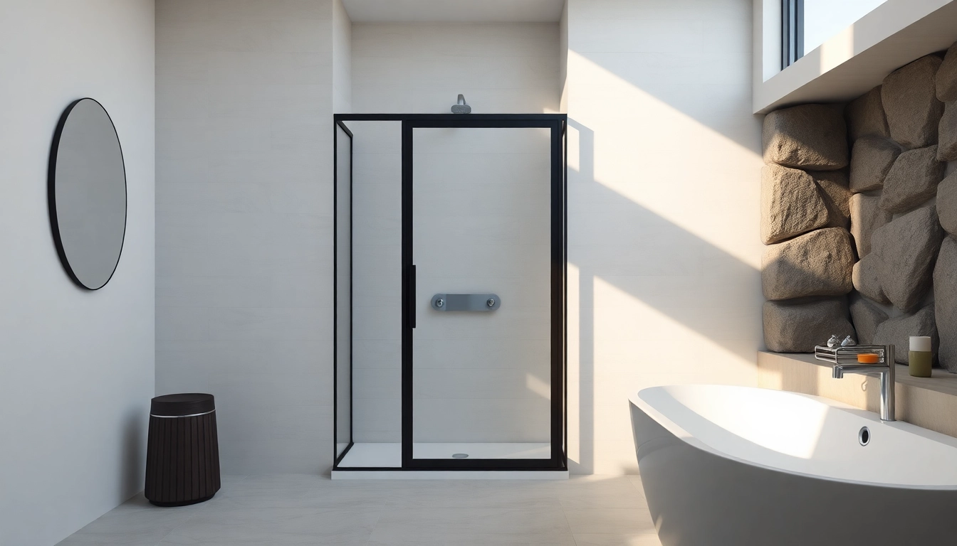 Stylish shower door black frame adds elegance to a modern bathroom setting.