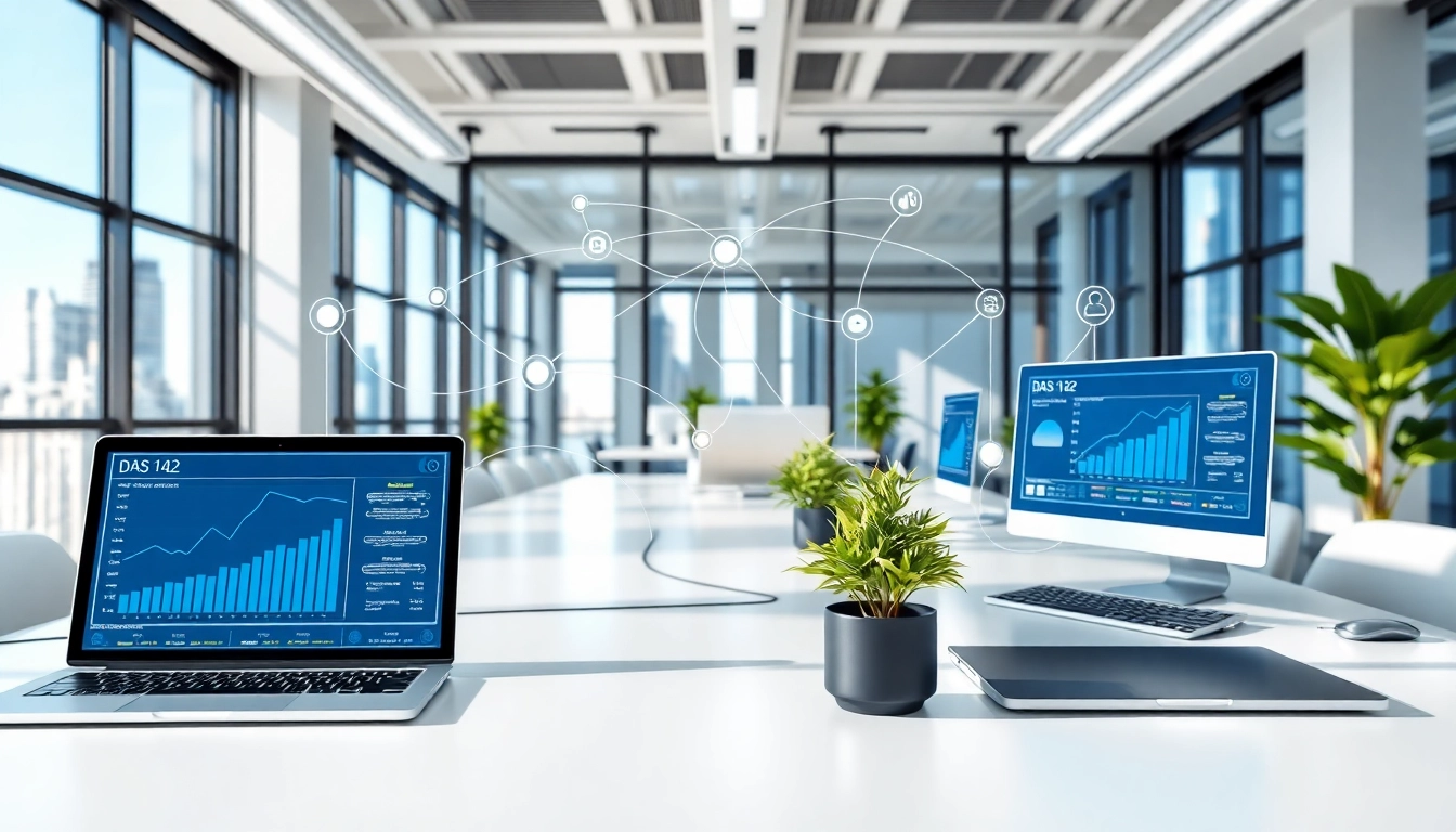 DAS 142 data management system showcased in a modern office with vibrant networking tools.