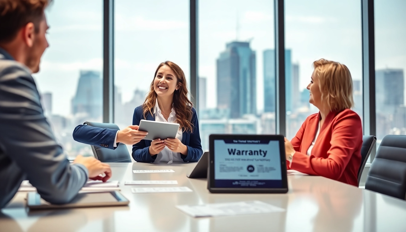 Engaging representation of an extended warranty company assisting clients in an office environment.