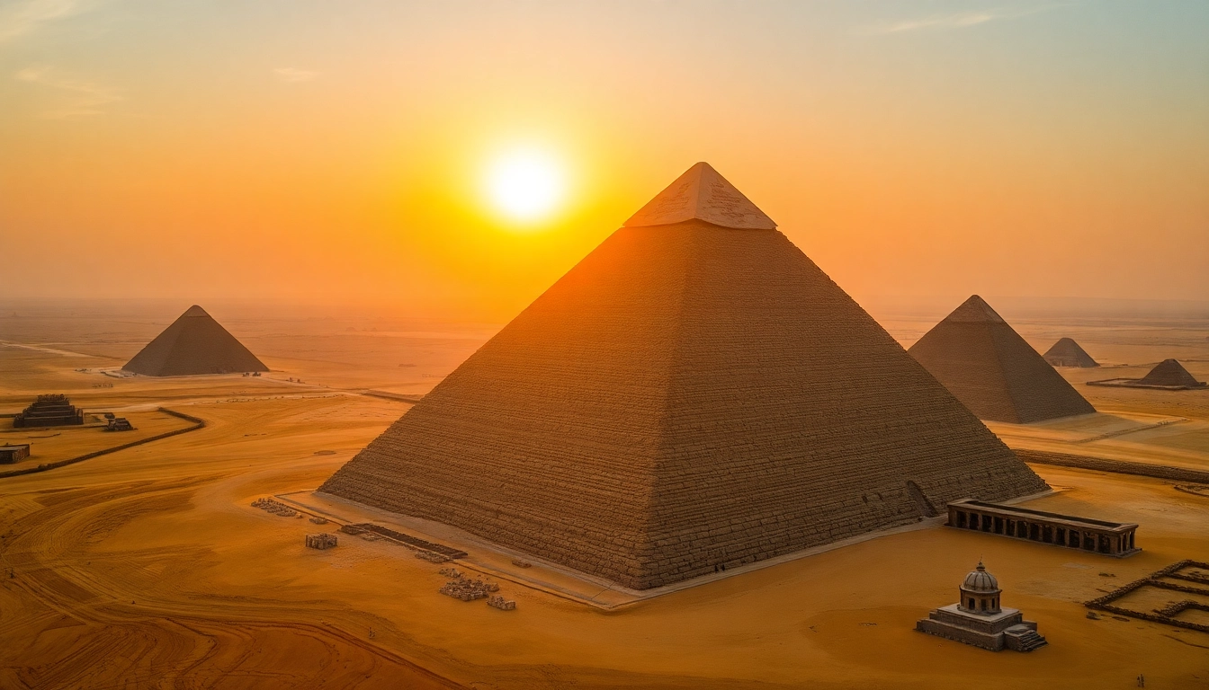 Explore the historic piraminds in a captivating desert landscape at sunset.