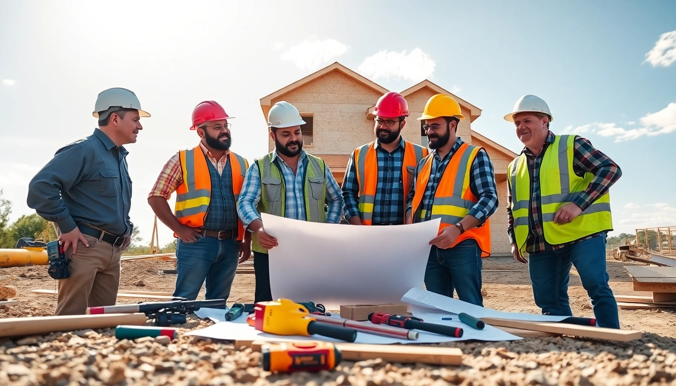 Builders discussing plans under Texas skies – showcasing teamwork in the Texas association of builders.