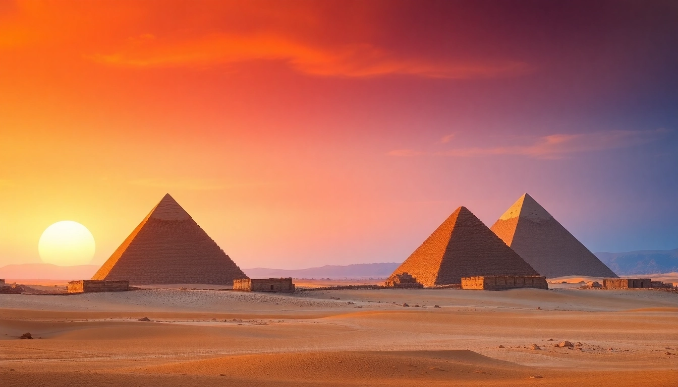 A breathtaking sunset view of pyramids, highlighting their monumental presence against a vibrant sky.