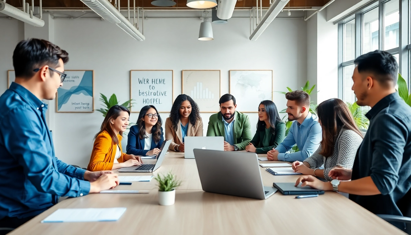 Engaged team utilizing a sales recruiting platform in a modern office setting.