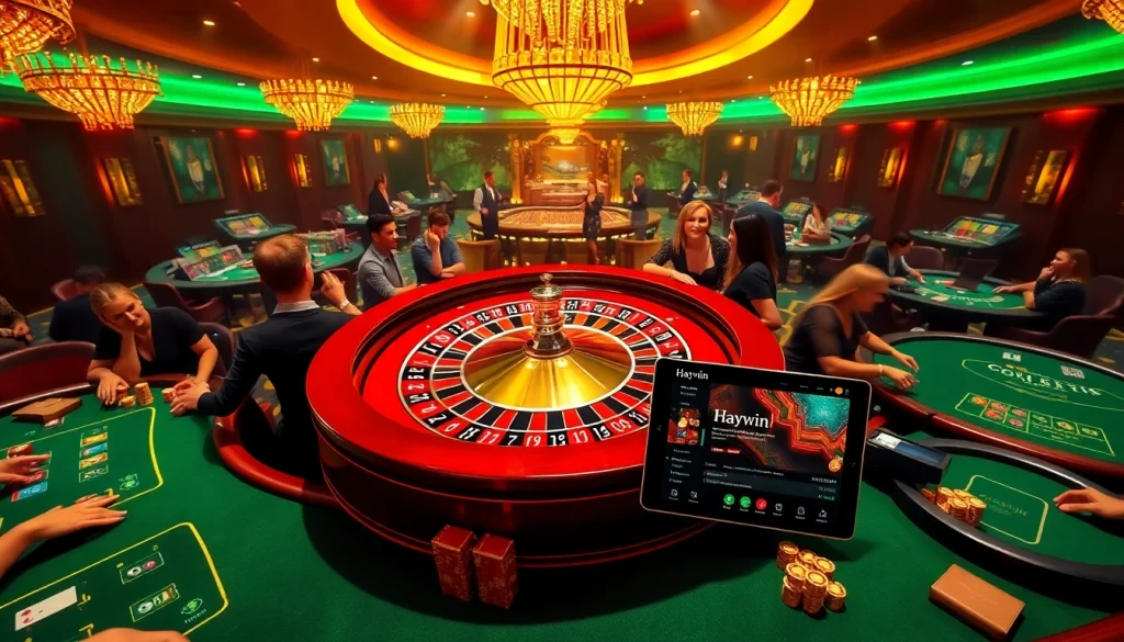 Excitement builds as players engage with Haywin's immersive casino games, featuring vibrant roulette and poker.