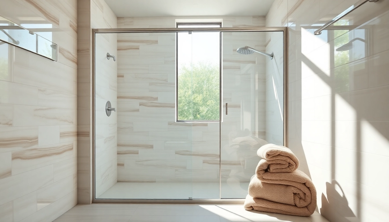 View of elegant shower doors featuring sleek design and shiny finish in a serene bathroom setting.