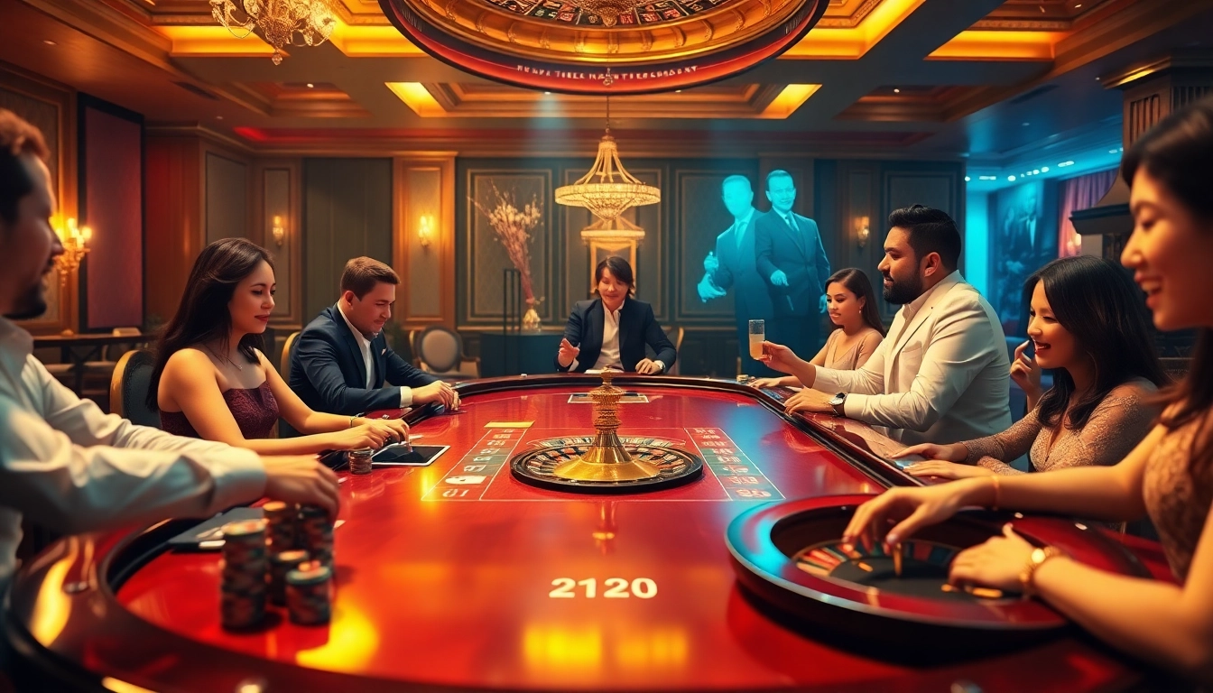 Situs deposit 5k yang ditampilkan dalam adegan kasino mewah yang dipenuhi chip poker dan pemain yang memasang taruhan.