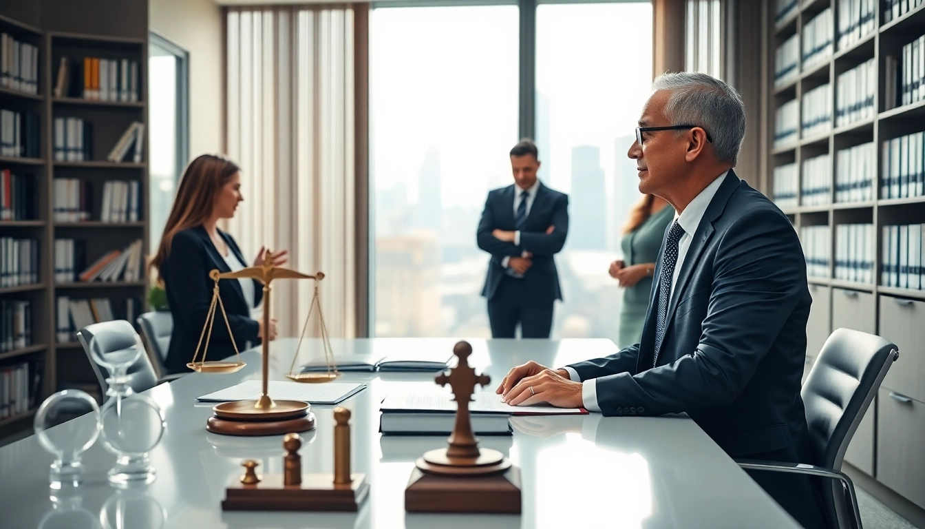 Engaging intellectual property lawyer collaborating with clients in a bright office.