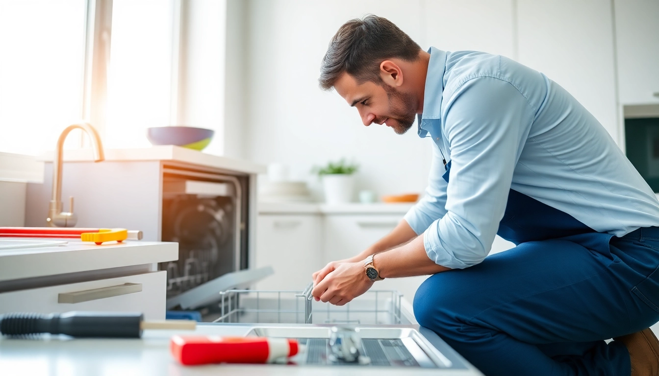 Technician conducting BOSCH dishwasher repair in a bright modern kitchen setting.