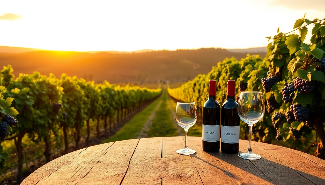 Clarksburg wineries' scenic vineyard with wine bottles and glasses at sunset.