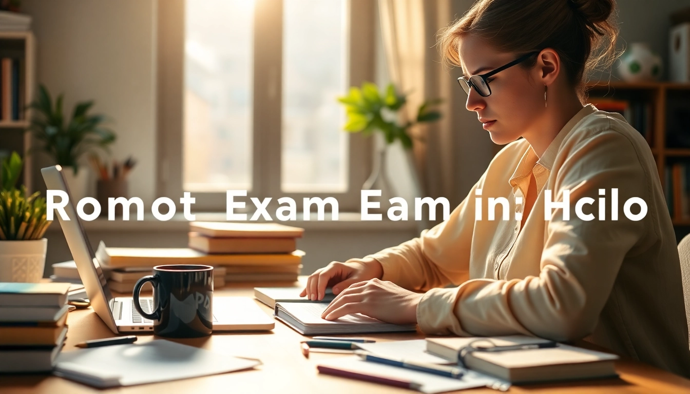 Engaging scene showcasing remote exam help with a student focused on studies in a bright home office.