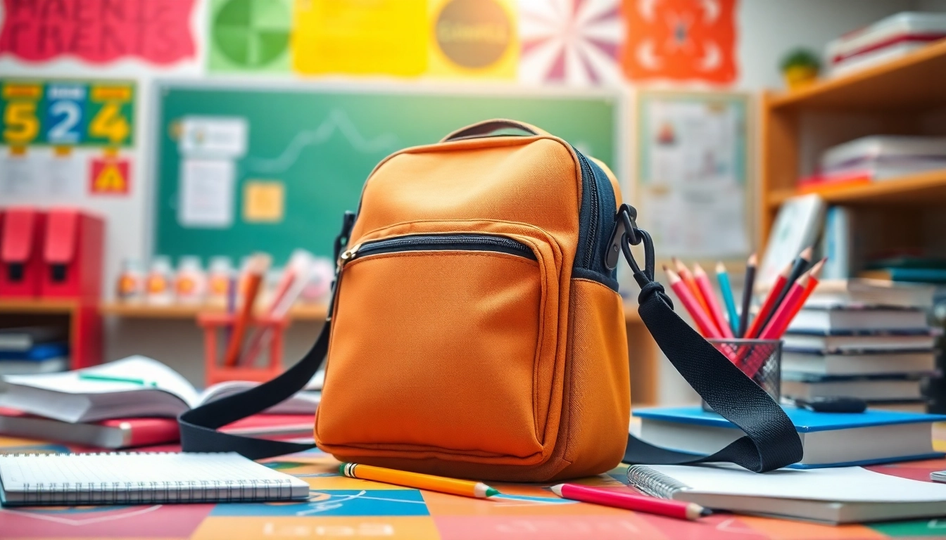 Stylish Handytasche Schule auf einem Schreibtisch mit Schulmaterialien.