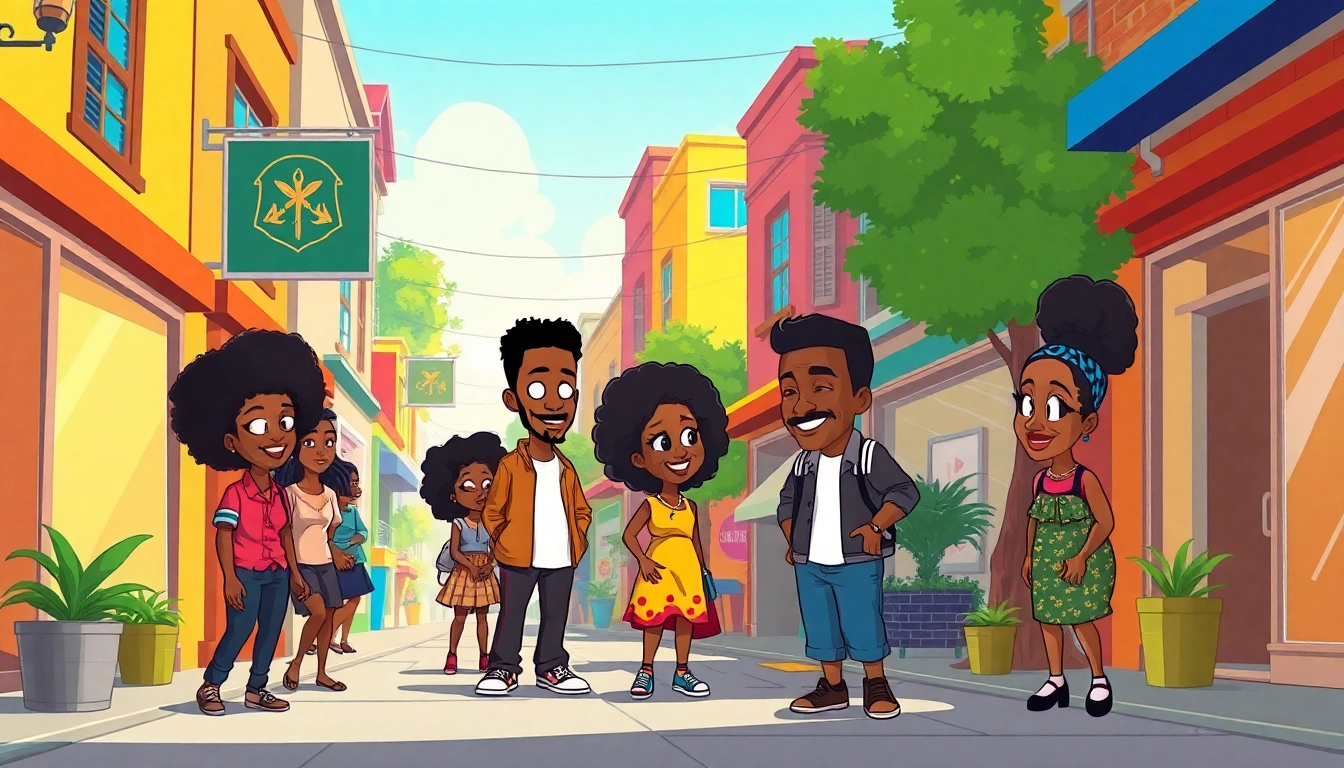 A scene depicting diverse characters from popular African American cartoons like The Boondocks and The Proud Family interacting joyfully in an urban setting.