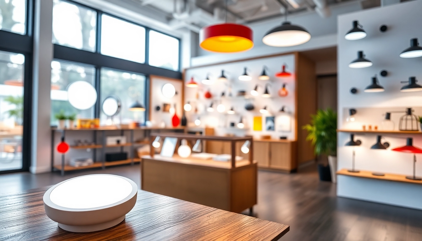 Led lamp met moderne ontwerpen in een showroomomgeving.