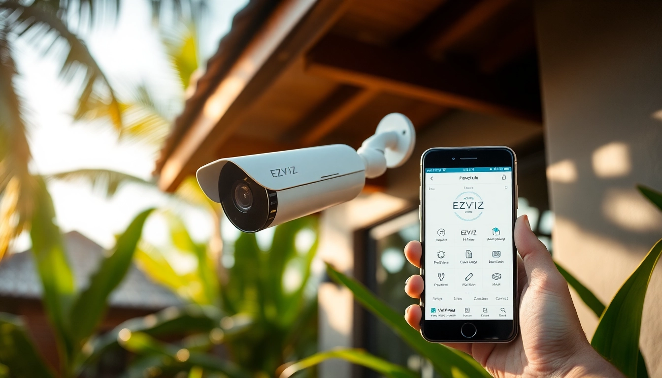 Cámaras Ezviz instaladas en un entorno tropical, mostrando características modernas de seguridad en el hogar.
